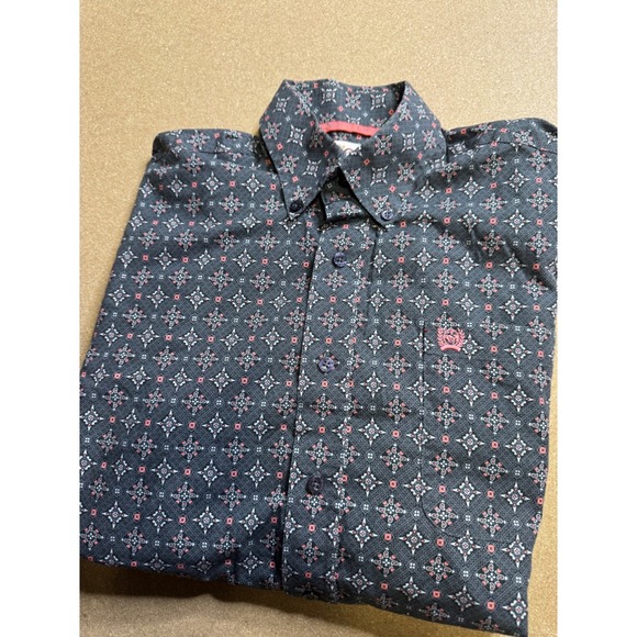 Cinch Mens XS Short Sleeve Button Down Shirt Grey Pink Geometric Western Cotton - Picture 1 of 7